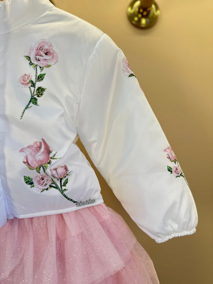 Conjunto Infantil com Casaco Bordado Floral, Blusa com Strass e Saia em Tulle Glitter - Luluzinha