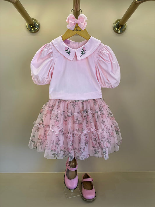 Conjunto Infantil Blusa Tricoline Golinha Patch Strass e Saia Rodada Tule Glitter Floral - Luluzinha PRÉ-VENDA