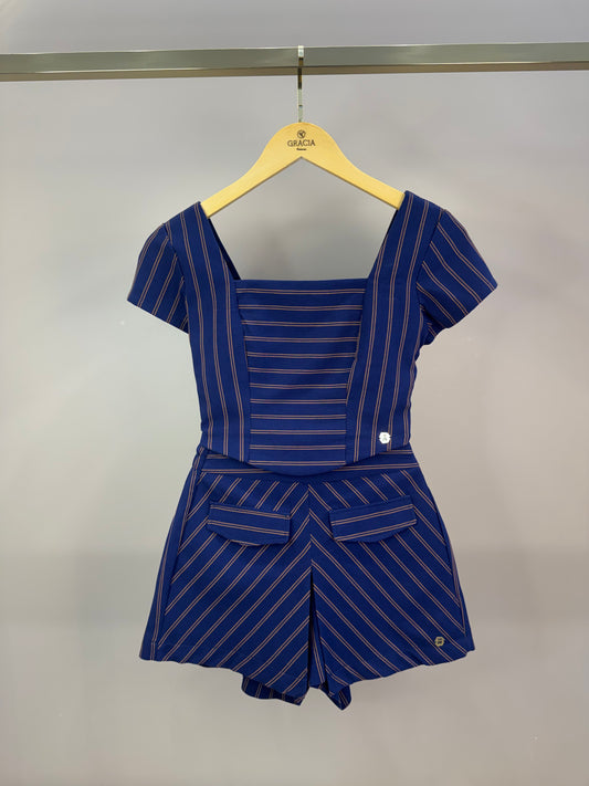 Conjunto Teen Top Cropped Listrado Marinho e Shorts Bolsos Frontal - Two In