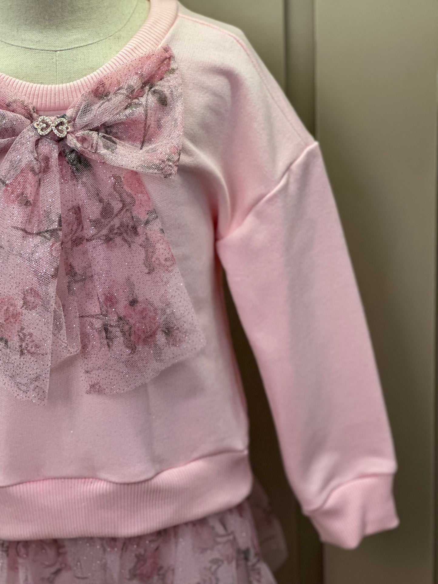 Conjunto Infantil Blusa Moletom Babado Tule Floral Glitter e Calça Legging Cotton Rosa - Luluzinha