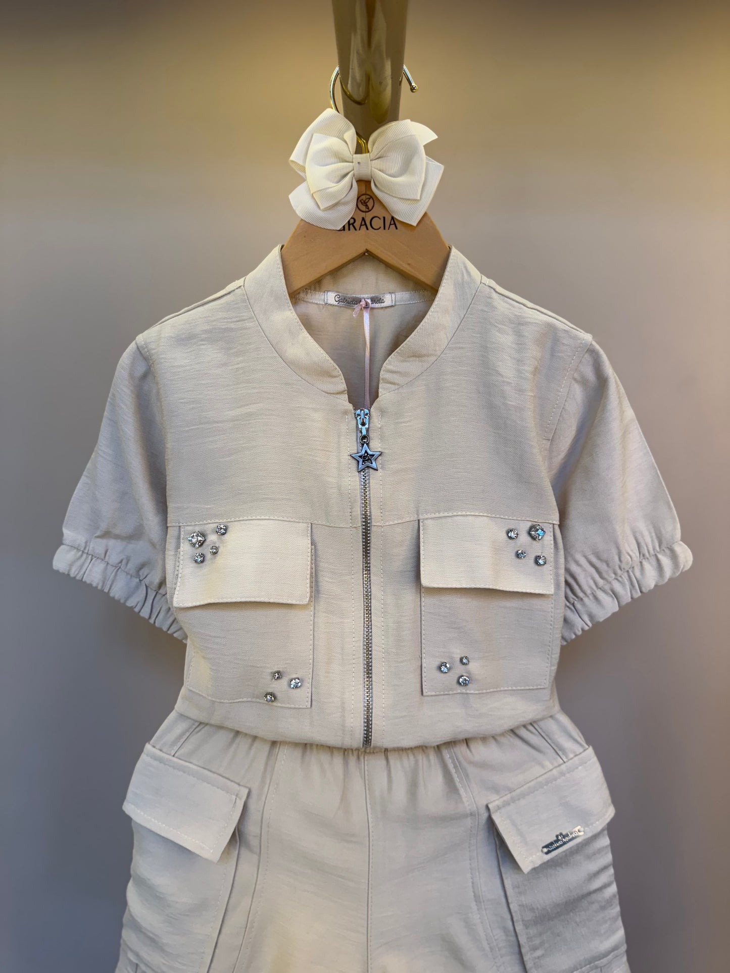 Conjunto Infantil Bomber e Bermuda Alfaiataria Bege - Gabriela Aquarela