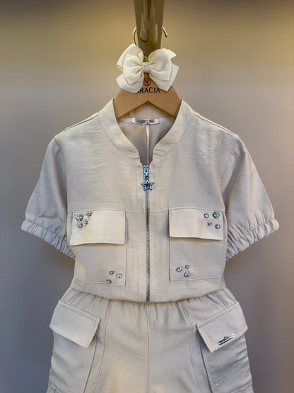 Conjunto Infantil Bomber e Bermuda Alfaiataria Bege - Gabriela Aquarela