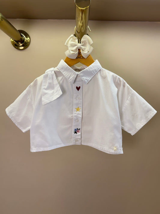 Camisa Infantil Cropped Tricoline Bordada Branca - Um Mais Um