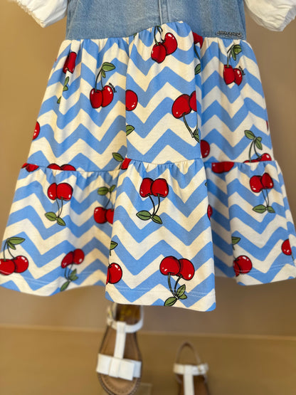 Conjunto Infantil Blusa Mangas Balonê e Salopete Cerejinha Jeans - Momi