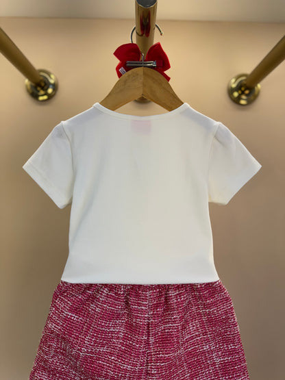 Conjunto Infantil Blusa Manga Longa Gola Laço e Shorts-saia Tweed - Momi