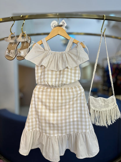 Conjunto Infantil Blusa Ciganinha e Saia-shorts Midi Xadrez Patches - Pituchinhus