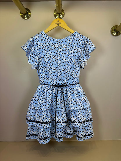 Vestido Teen Crepe Babados Estrelinhas Azul Claro - Two In
