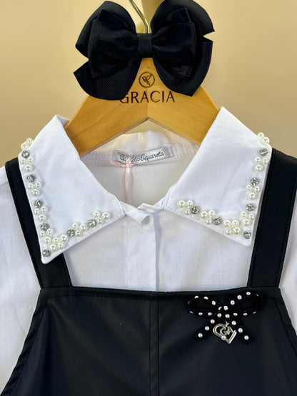 Conjunto Infantil Camisa Branca Gola Cristais e Salopete Like Leather Preta - Gabriela Aquarela