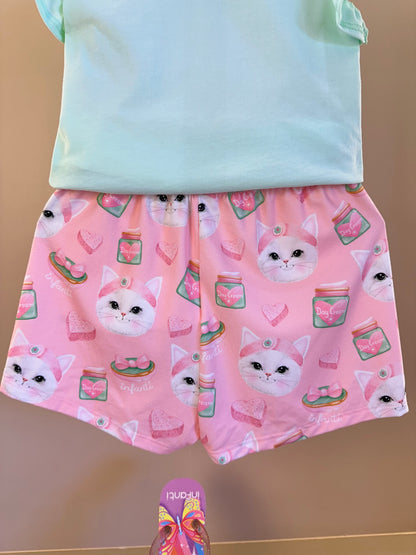 Pijama Infantil Blusa Gatinha Skin Care e Shorts Gatinha Rosa - Infanti