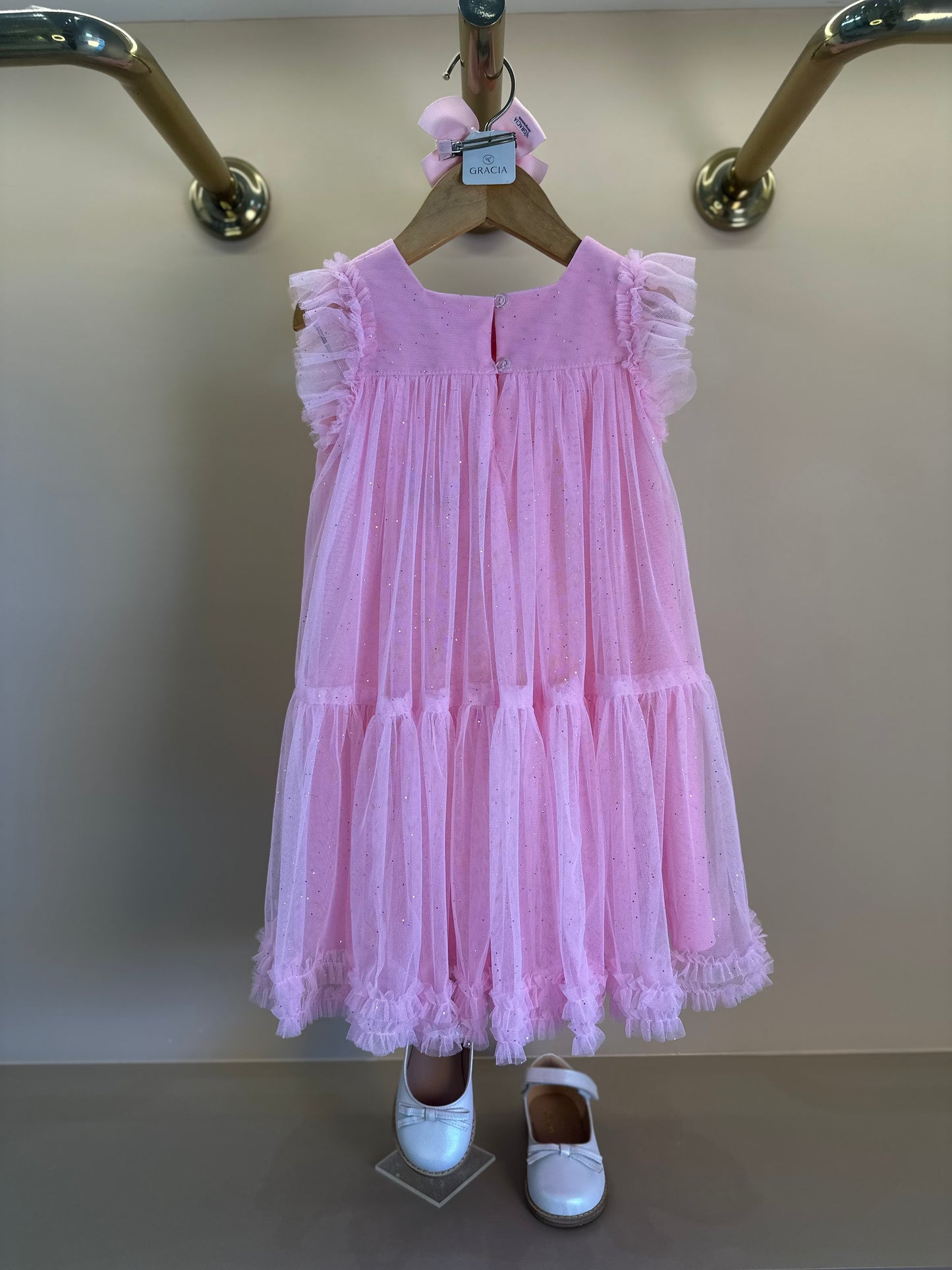 Vestido Infantil Trapézio Tule Glitter Bordado Rosa Baby - Petit Cherie