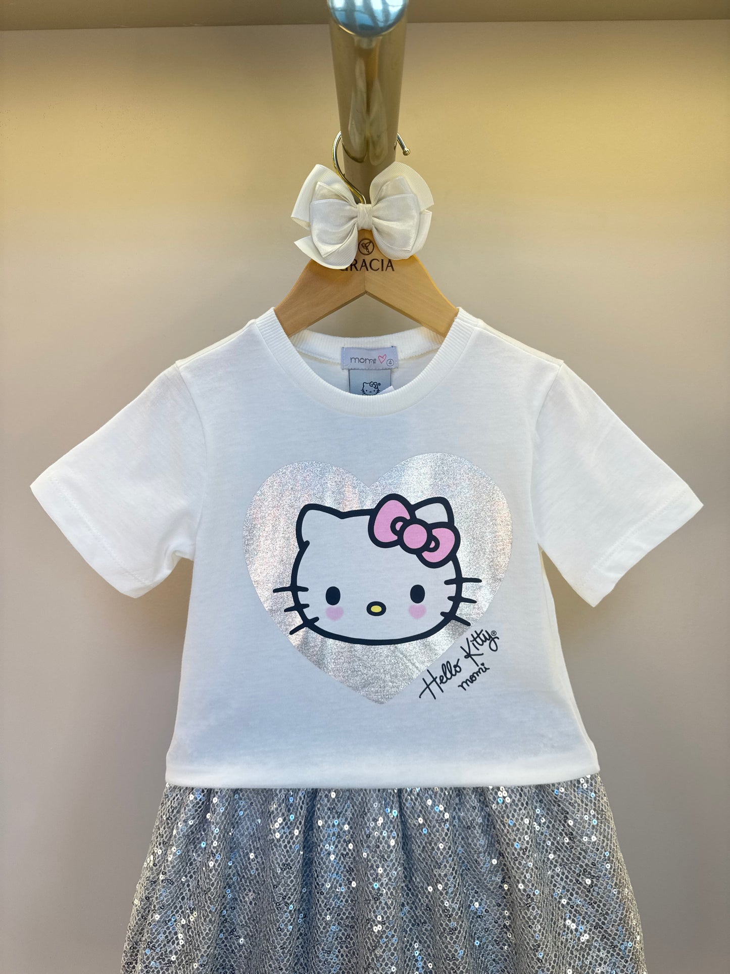 Conjunto Infantil Blusa Hello Kitty Foil com Saia Paetê Prata - Momi