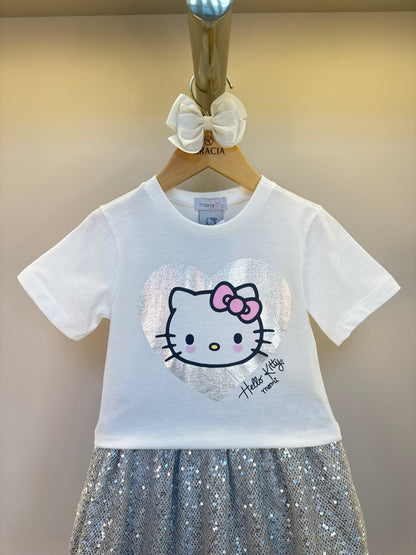 Conjunto Infantil Blusa Hello Kitty Foil com Saia Paetê Prata - Momi