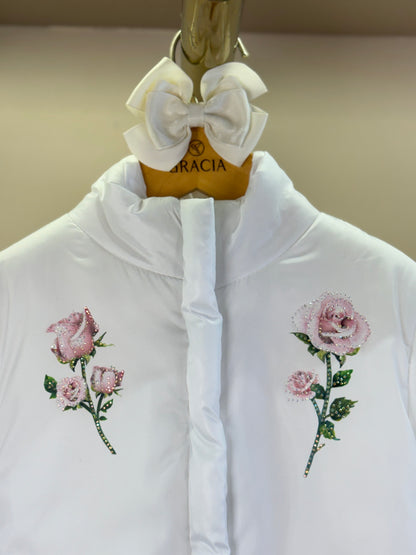 Casaco Infantil Conceito Doudone Bordado Flores Branco - Luluzinha