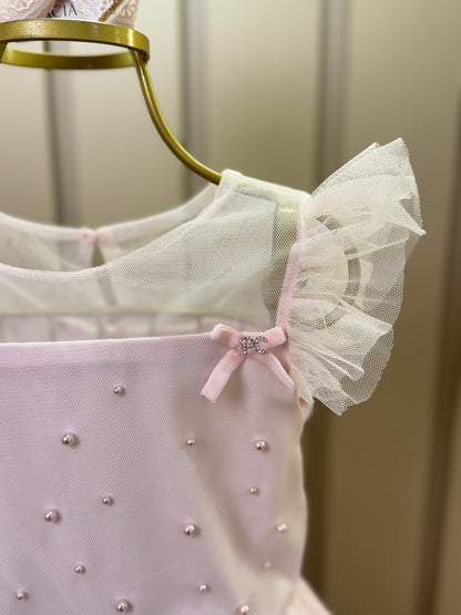 Vestido Infantil Festa Tule Poly Mesh Pérolas e Lacinho Aplicado Rosa - Petit Cherie