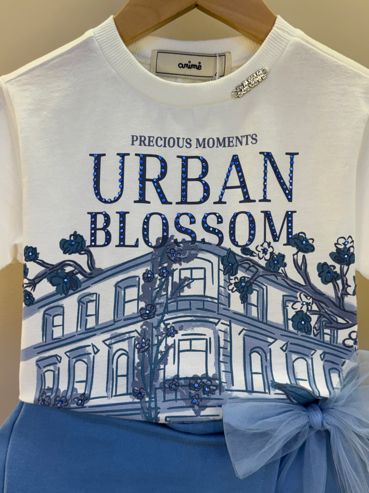 Conjunto Infantil Blusa Urban Blossom e Shorts Azul Laço Tule - Animê