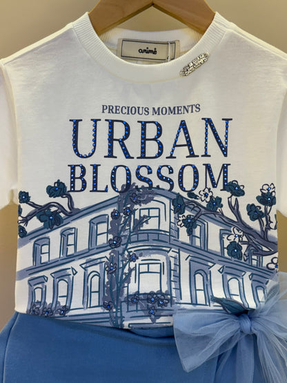 Conjunto Infantil Blusa Urban Blossom e Shorts Azul Laço Tule - Animê