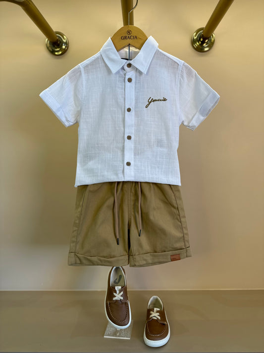 Conjunto Infantil Camisa Off White e Bermuda Caramelo - Youccie