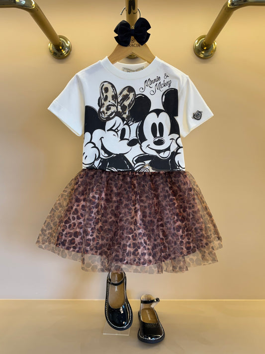 Conjunto Infantil Blusa Minnie & Mickey e Saia Tule Plissada Animal Print - Animê