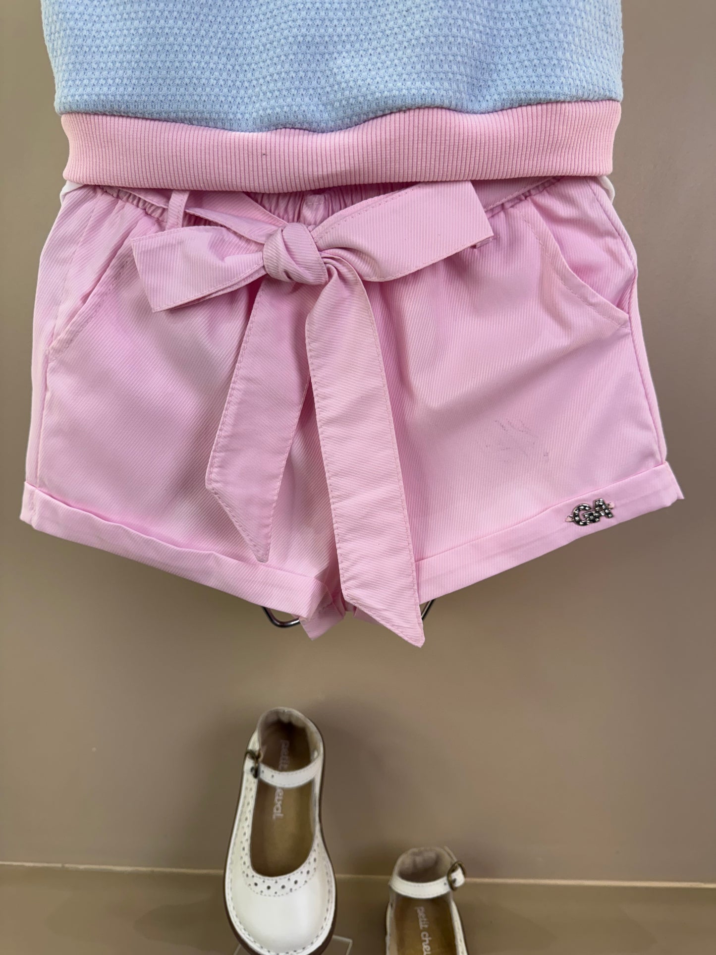 Conjunto Infantil Short Rosa E Blusa Azul  Ursinho Cristal - Gabriela Aquarela