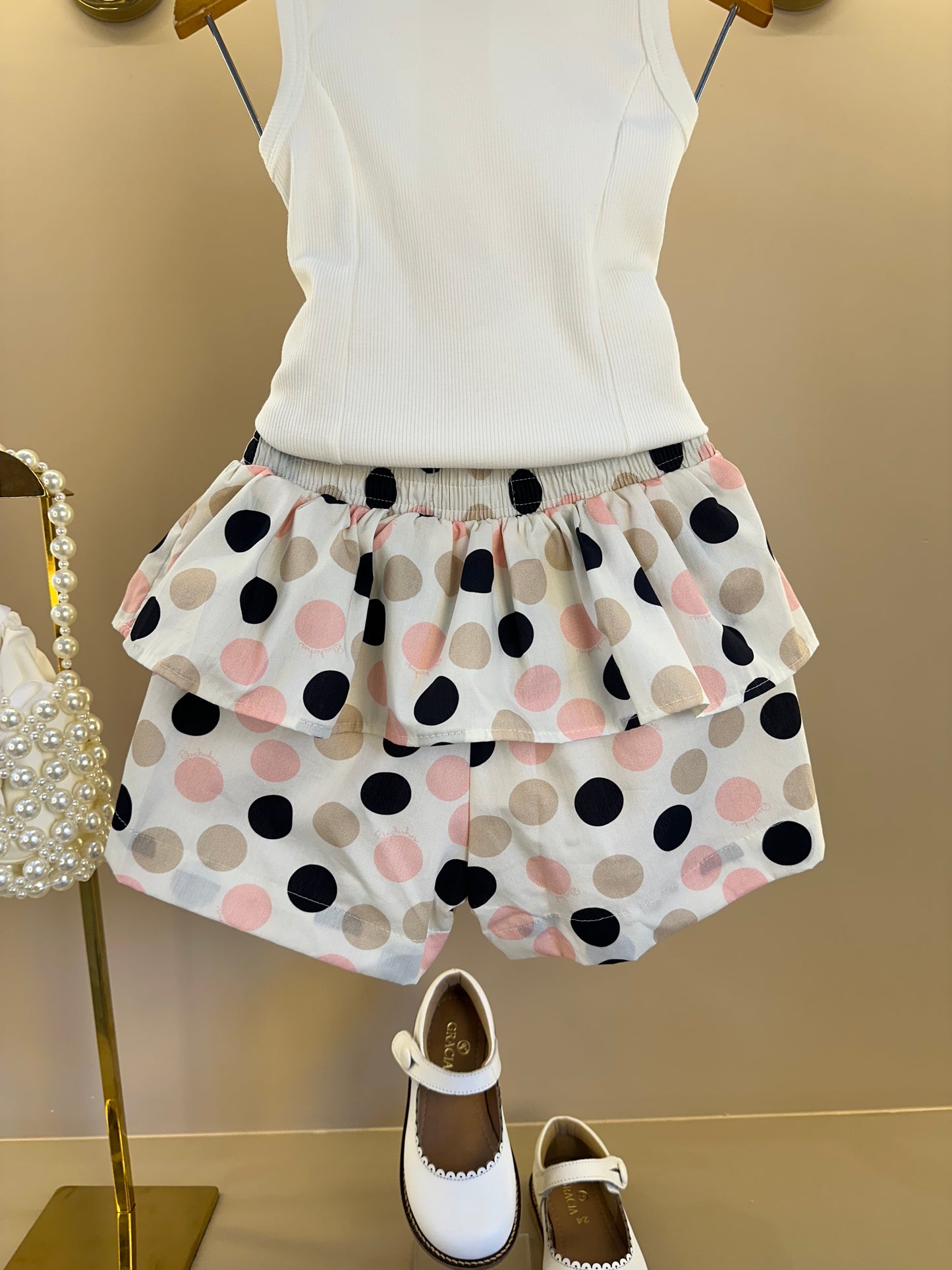Conjunto Infantil Regata Ursinha Vestido de Poá e Short Com Babados Algodão Estampa Poá Colorido - Pituchinhus