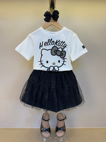 Conjunto Infantil Blusa Hello Kitty Strass com Saia Tule Glitter - Momi