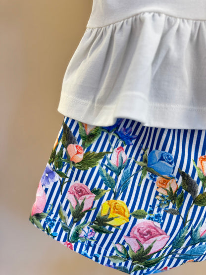 Conjunto Infantil Blusa Off White Flores Bordadas e Short Listrado Flores - Luluzinha