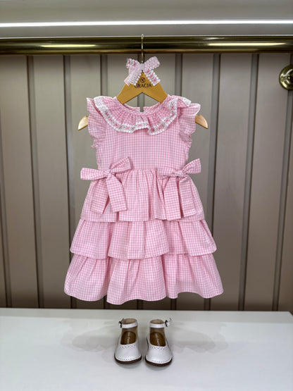 Vestido Infantil Clássico Golinha Renda Bordada Babados e Lacinhos Laterais Rosa - Roana