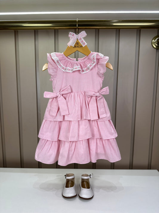 Vestido Infantil Clássico Golinha Renda Bordada Babados e Lacinhos Laterais Rosa - Roana