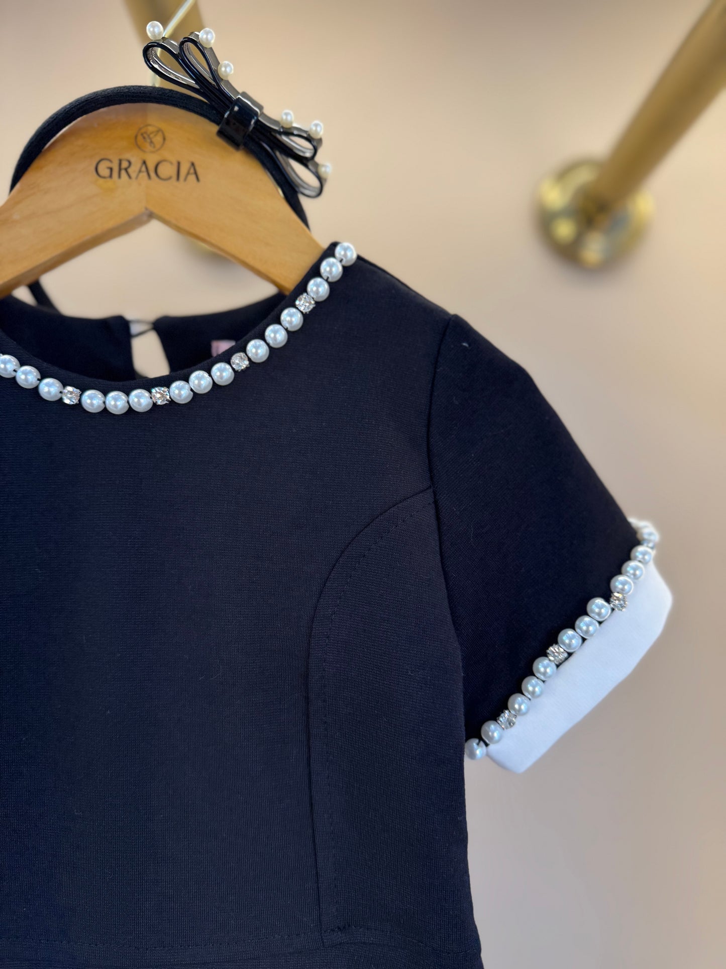 Vestido Infantil Ponto Roma Princesa Bordados Pérolas Preto - Pituchinhus