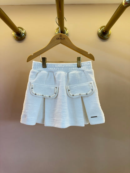 Saia-shorts Infantil Bouclé Pregas Lapelas Bordadas Pérolas e Cristais Off White - Pituchinhus