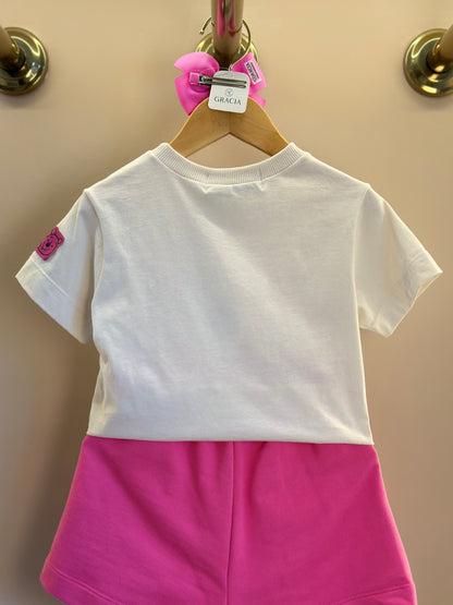 Conjunto Infantil Blusa Pooh Hunny Bege Vanilla e Shorts Rosa - Animê Petite