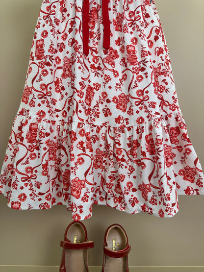 Vestido Infantil Linho Bordado Florais Vermelho - Petit Cherie