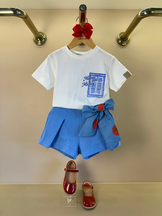 Conjunto Infantil Blusa Estampa Minnie e Mickey Bonjour e Saia Shorts Infantil Laço Bordado de Tomate - Animê