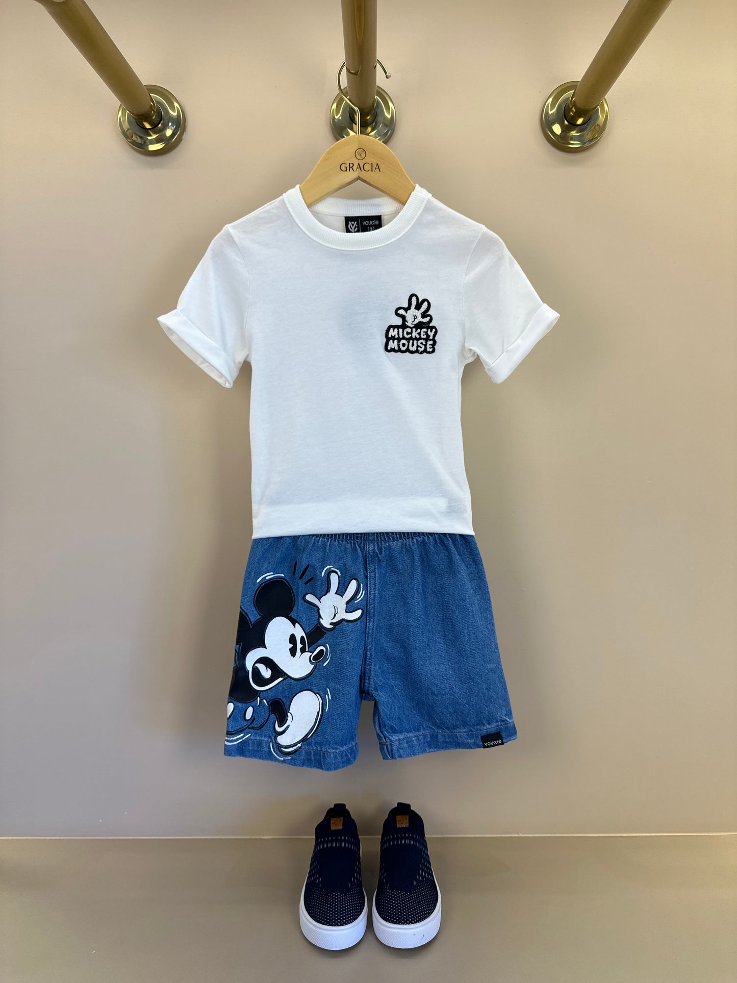 Conjunto Infantil Camiseta Mickey Pérola e Bermuda Jeans Mickey - Youccie