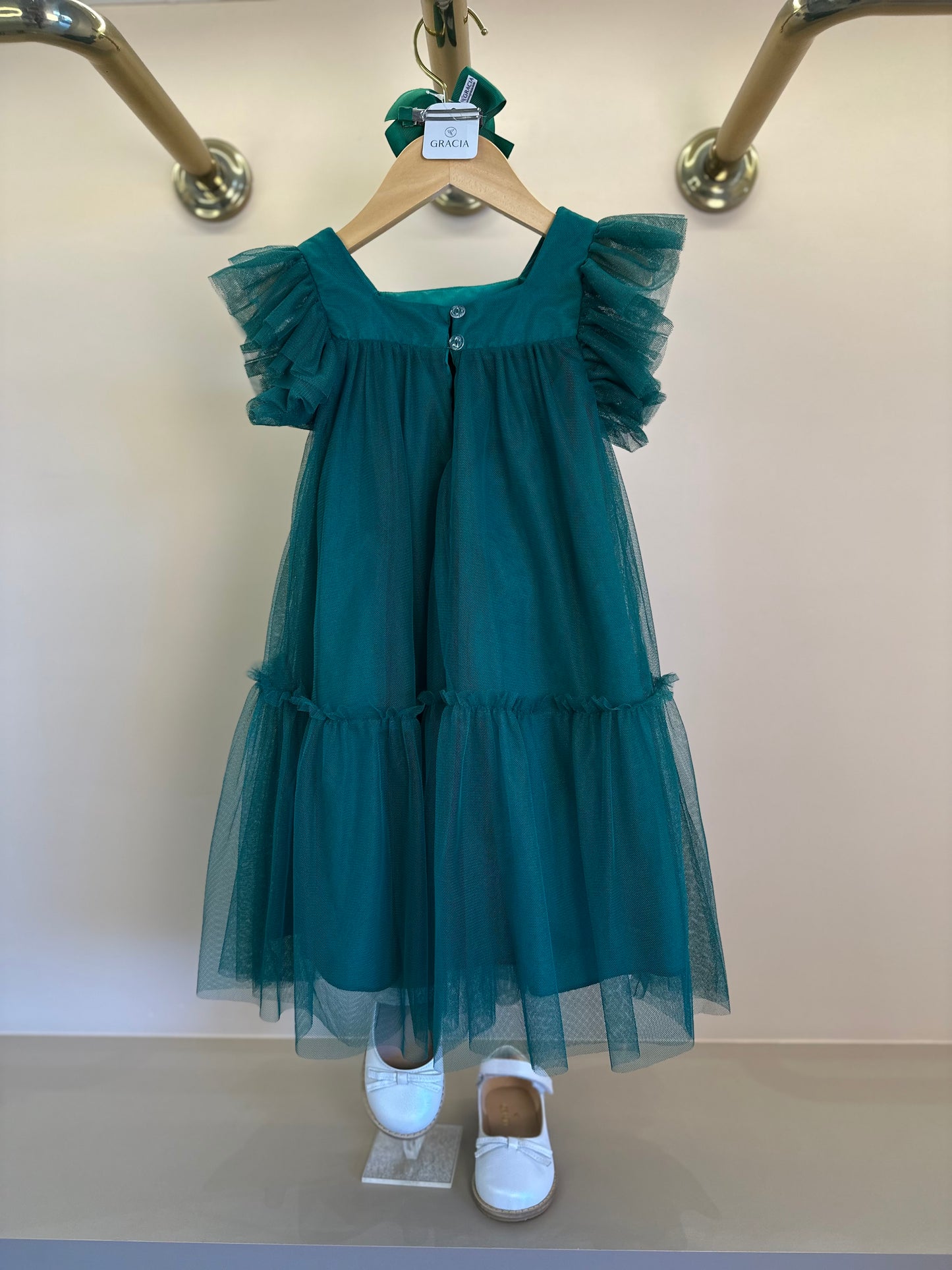 Vestido Infantil Trapézio Tule Bordado Paetê e Laço Verde - Petit Cherie