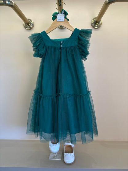 Vestido Infantil Trapézio Tule Bordado Paetê e Laço Verde - Petit Cherie