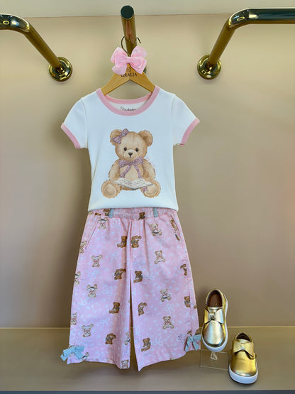 Conjunto Infantil Blusa Ursinho e Laço Nas Costas e Calça Pantacourt Algodão Estampa Ursinhos - Pituchinhus