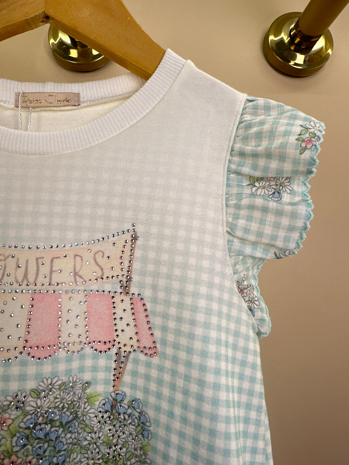 Vestido Infantil Quadriculado Azul Claro Flores e Strass - Petit Cherie