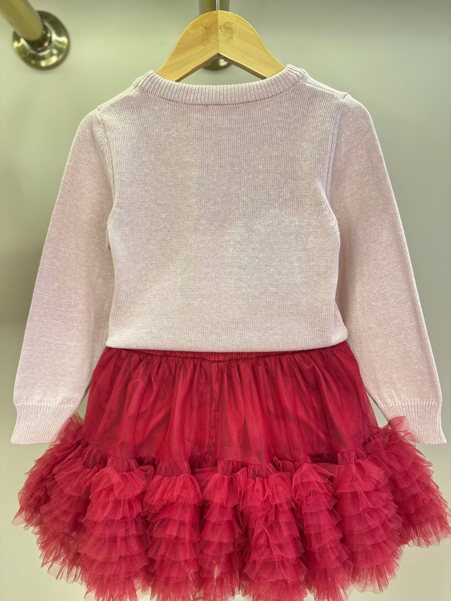 Conjunto Infantil Blusa Tricot Cachorrinhos Cristais Rosa Dolce & Saia-shorts Tule Babados Frufru Bala de Cereja - Pituc