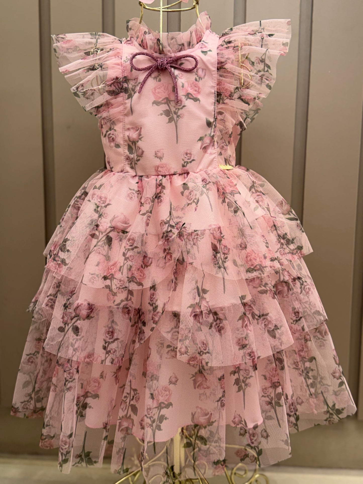 Vestido Infantil Festa Princesa Tule Floral Rodado Rosa - Luluzinha