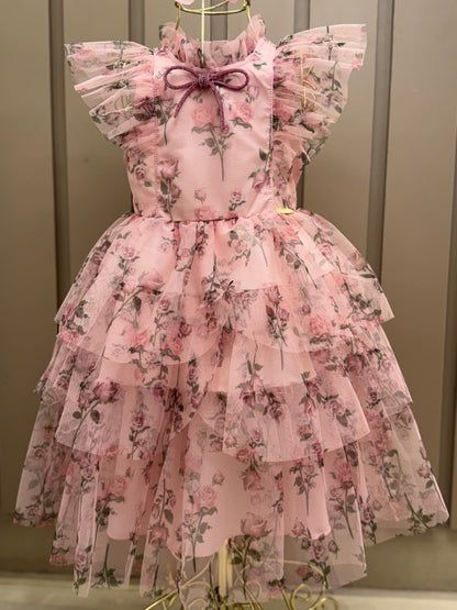 Vestido Infantil Festa Princesa Tule Floral Rodado Rosa - Luluzinha