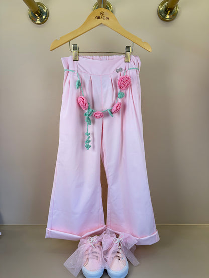 Calça Infantil Wide Leg Cinto de Flores Rosa - Luluzinha