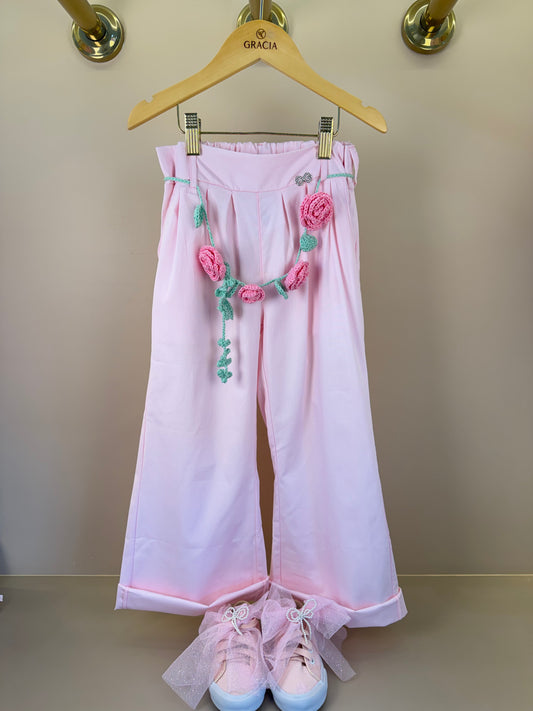 Calça Infantil Wide Leg Cinto de Flores Rosa - Luluzinha