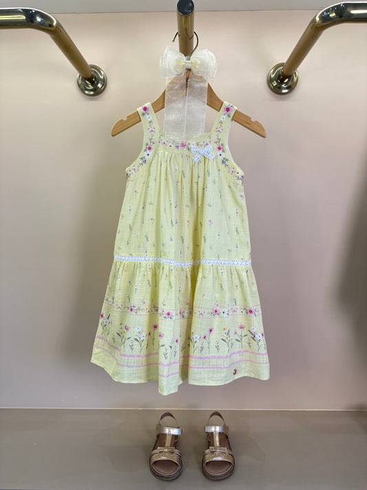 Vestido Infantil Trapézio Algodão Amarelo Estampado Flores - Petit Cherie