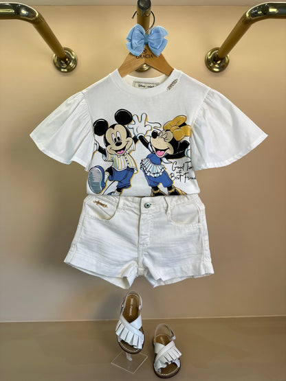 Conjunto Infantil Blusa Mickey e Minnie Good Times e Shorts Off White - Animê
