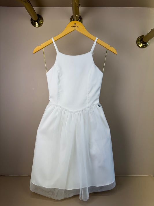 Vestido Teen Off White Com Alças Finas e Saia em Tule - Vanilla Cream