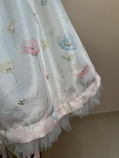Vestido Infantil Festa Jacquard  Com Tule e Pérolas - Petit Cherie