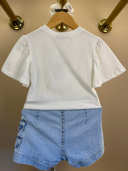 Conjunto Infantil Blusa Minnie e Daisy Limão e Shorts Saia Jeans