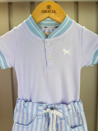 Conjunto Bebê Body Bata Golinha Azul e Bermuda Tricoline Listrada - Charpey