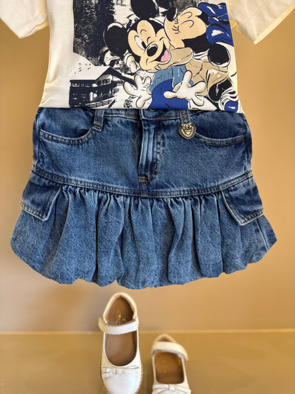 Conjunto Infantil Blusa Minnie & Mickey Lantejoulas e Saia Jeans Balonê Mini-Joia - Animê